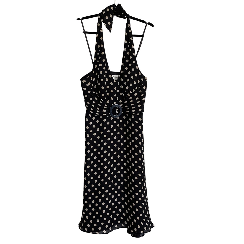 Donna Ricco New York 8P Black White Polka Dot 100% Silk Halter Dress 8574558P